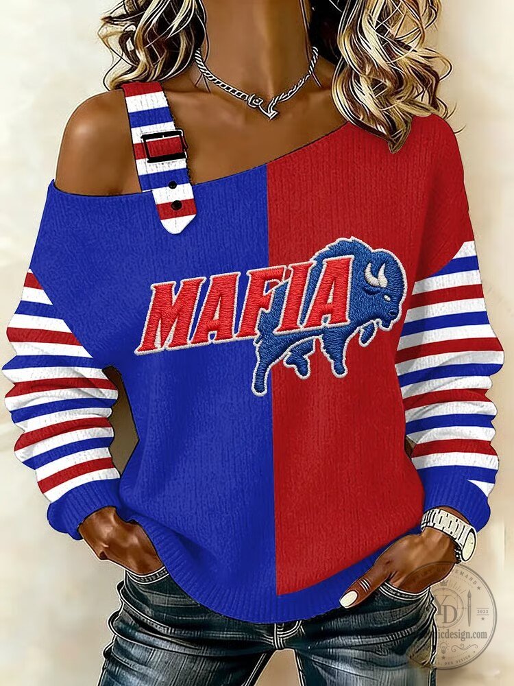 Buffalo Bills Mafia Off Shoulder Long Sleeve Sweater for Women