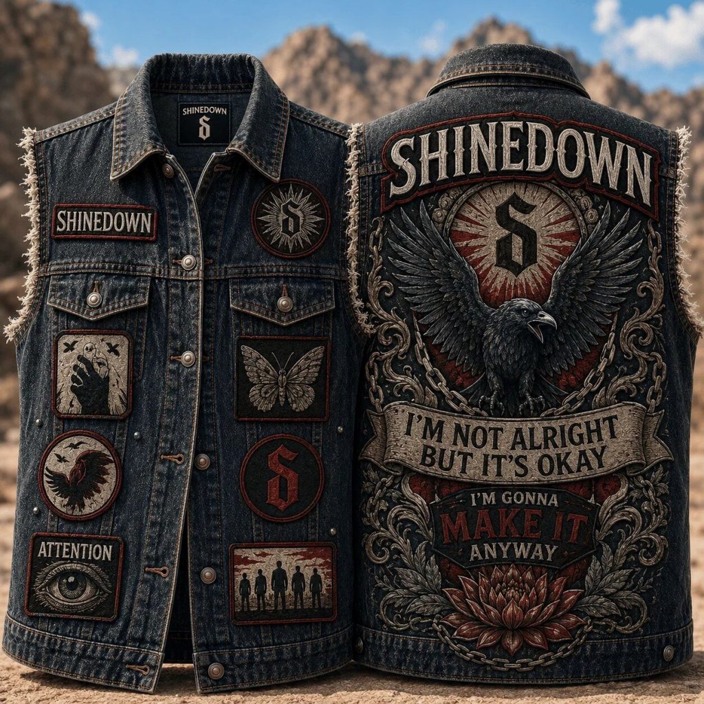 Denim Vest with Back Design and Embroidered Patches from Shinedown Rock Band Denim Vest with Back Design and Embroidered Patches from Shinedown Rock Band