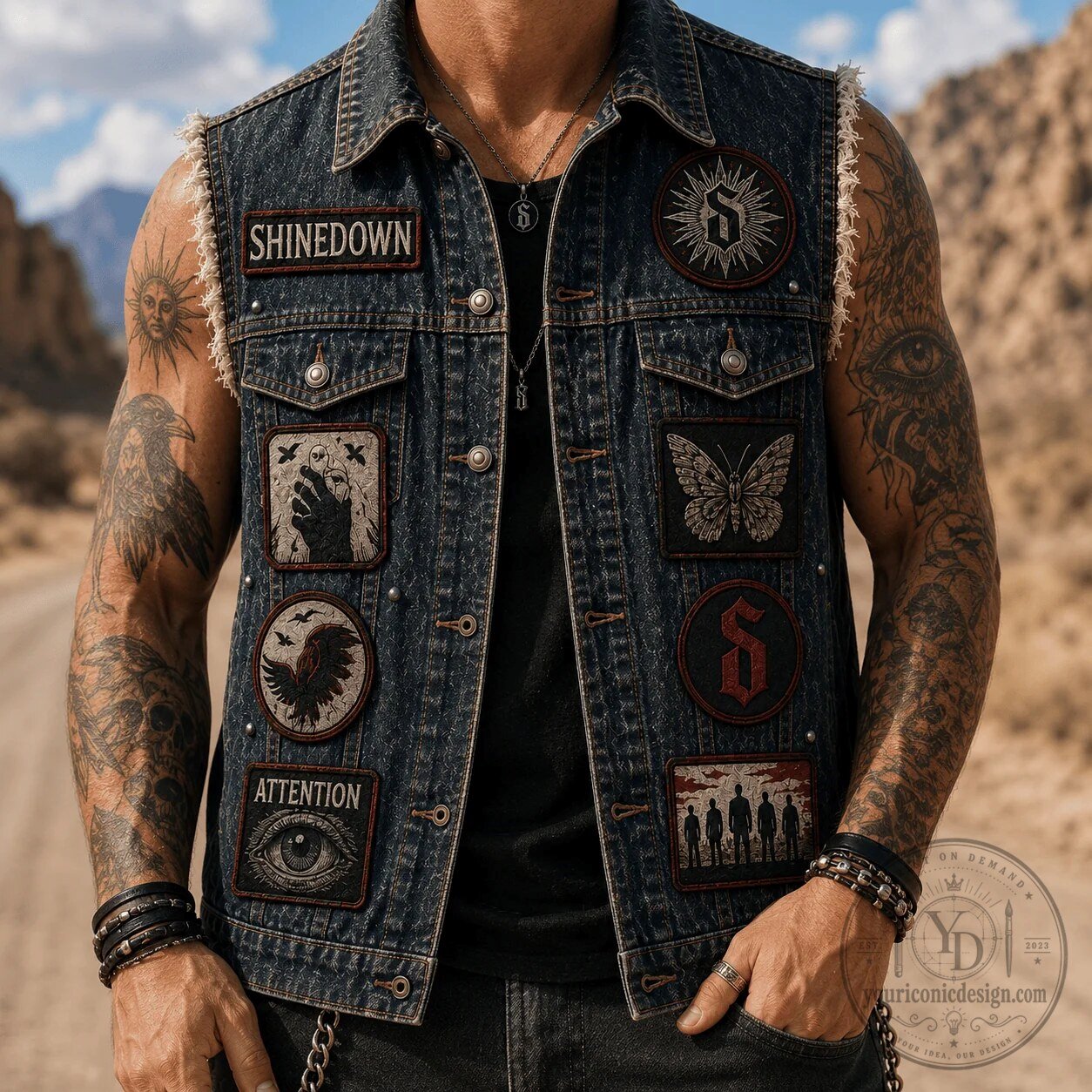 Denim Vest with Back Design and Embroidered Patches from Shinedown Rock Band 8 Denim Vest with Back Design and Embroidered Patches from Shinedown Rock Band