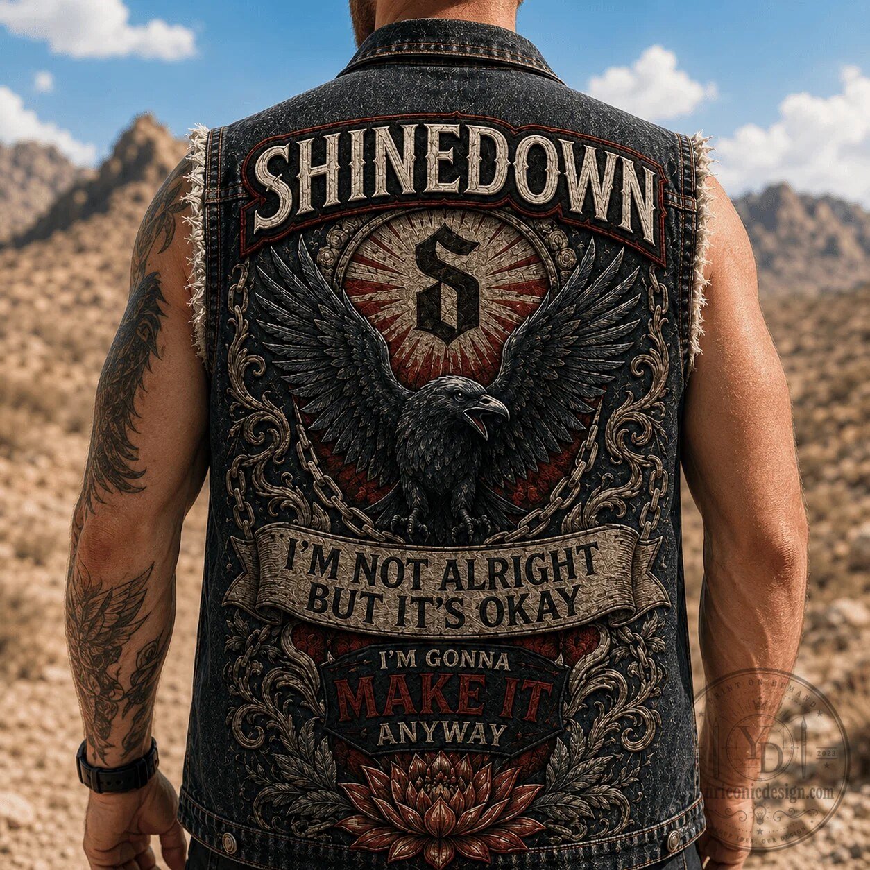 Denim Vest with Back Design and Embroidered Patches from Shinedown Rock Band 9 Denim Vest with Back Design and Embroidered Patches from Shinedown Rock Band