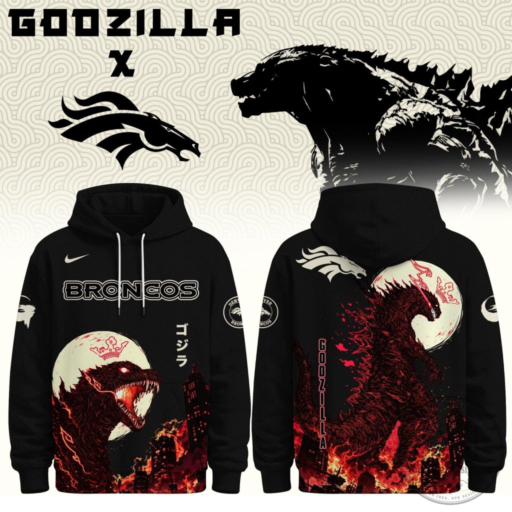 Godzilla Minus One Denver Broncos Crossover Black Hoodie Godzilla Minus One Denver Broncos Crossover Black Hoodie