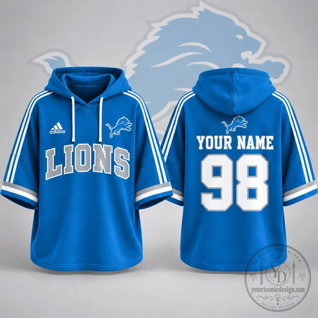 Detroit Lions Football Team Blue Short Sleeve Hoodie with Custom Name and Number Detroit Lions Football Team Blue Short Sleeve Hoodie with Custom Name and Number