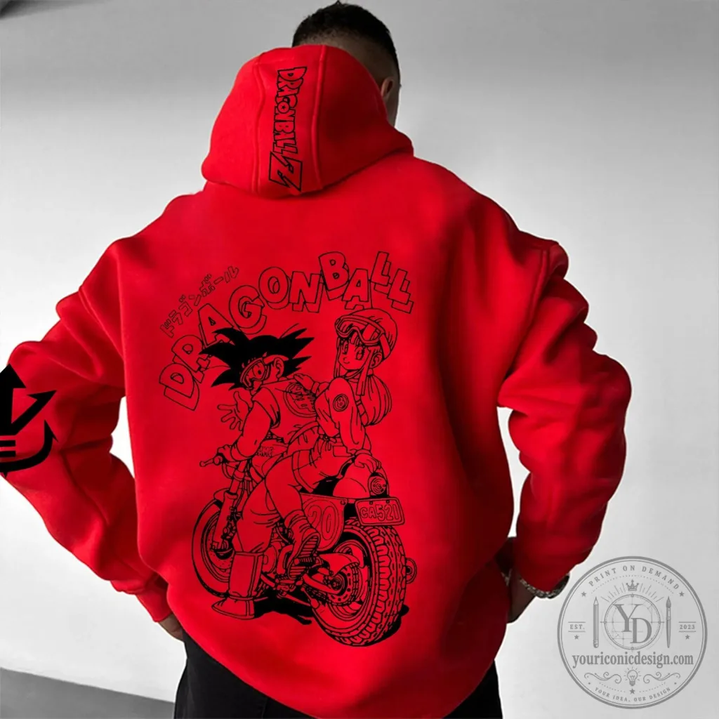 Dragon Ball Z Goku and Bulma Motorcycle Red Graphic Hoodie Dragon Ball Z Goku and Bulma Motorcycle Red Graphic Hoodie