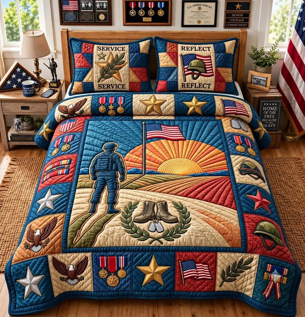 Military Service And Sacrifice American Flag Quilted Bedding Set