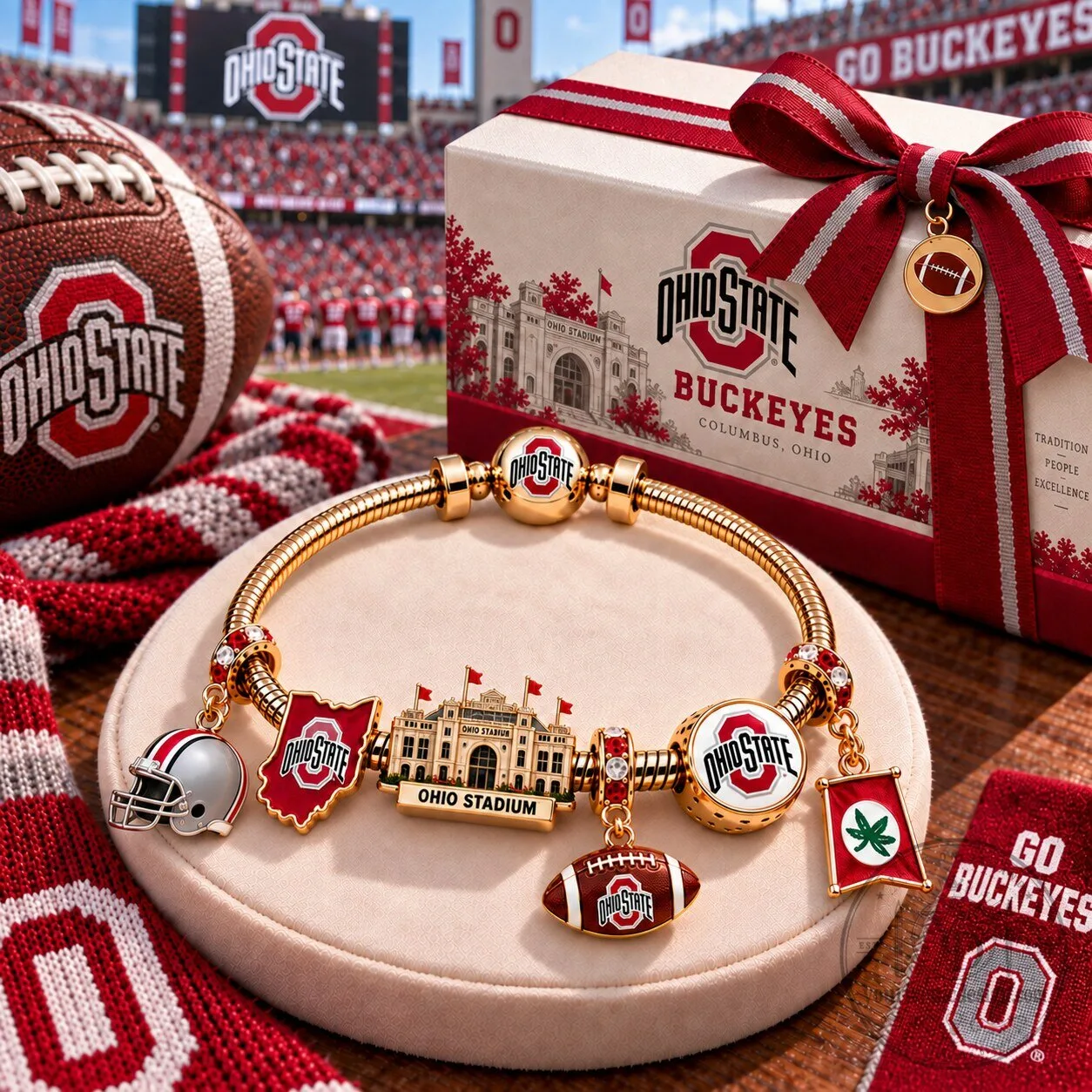 Ohio State Buckeyes Football Stadium Charm Bracelet with Helmet and Flag Charms