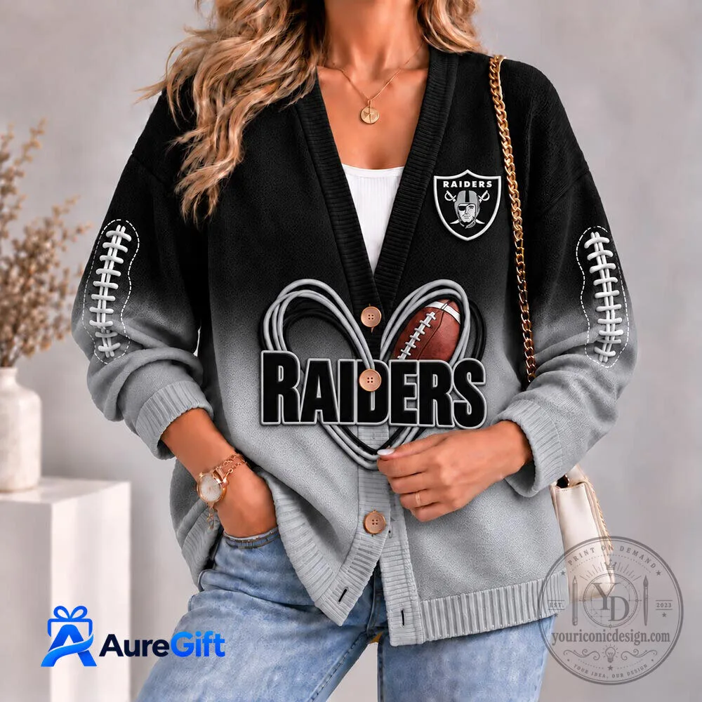 Las Vegas Raiders Football Team Heart Logo Women's Cardigan Sweater 3 Las Vegas Raiders Football Team Heart Logo Women