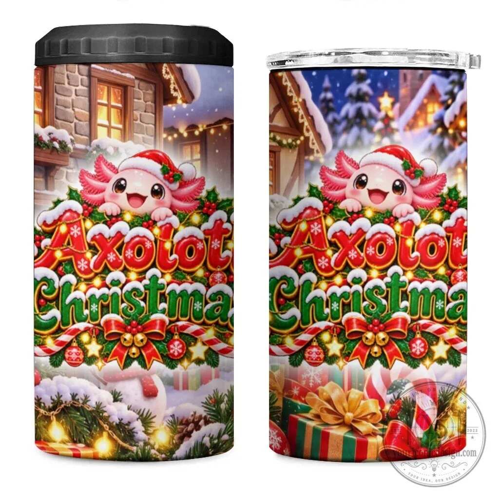 Axolotl Christmas Winter Wonderland Can Cooler Tumbler with Festive Snowflakes