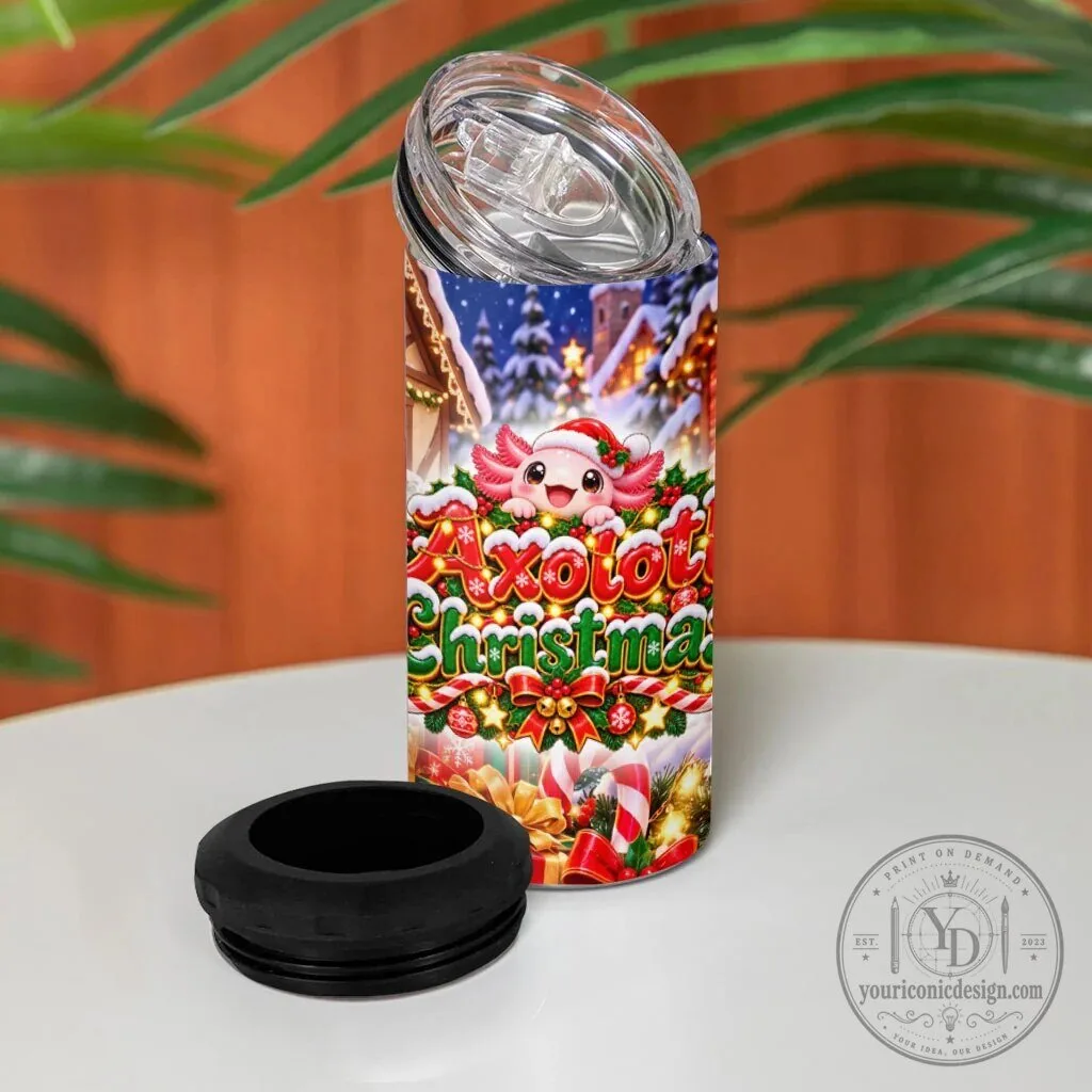 Axolotl Christmas Winter Wonderland Can Cooler Tumbler with Festive Snowflakes 12 Axolotl Christmas Winter Wonderland Can Cooler Tumbler with Festive Snowflakes