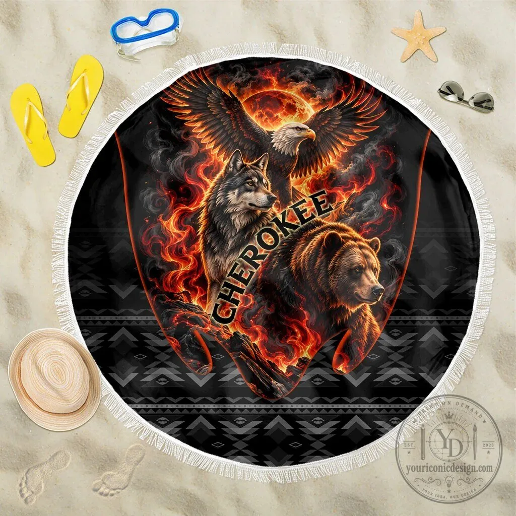 Cherokee Spirit Animals Fiery Tribal Art Native Geometric Patterns Round Beach Blanket