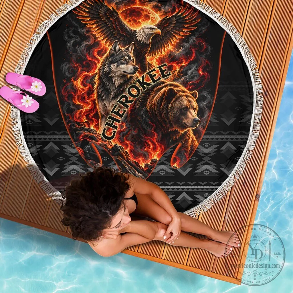 Cherokee Spirit Animals Fiery Tribal Art Native Geometric Patterns Round Beach Blanket 8 Cherokee Spirit Animals Fiery Tribal Art Native Geometric Patterns Round Beach Blanket