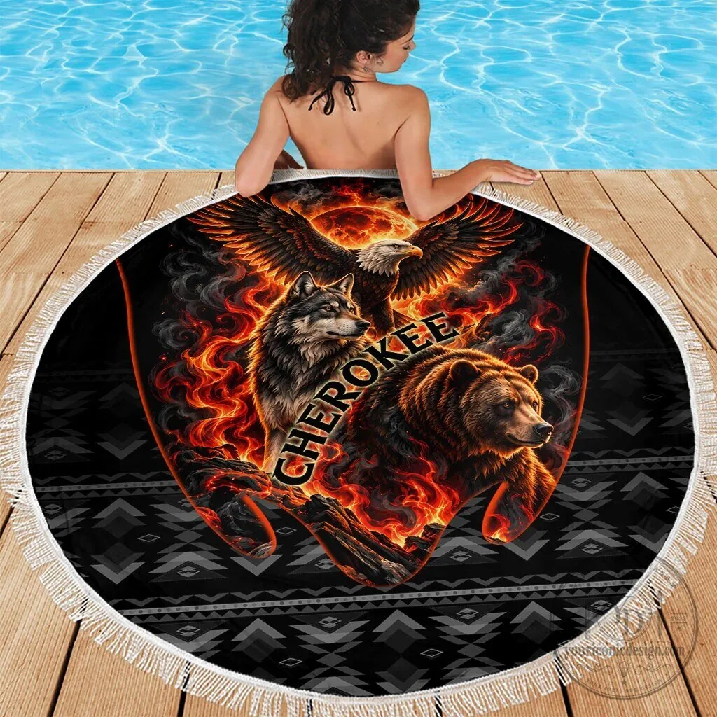 Cherokee Spirit Animals Fiery Tribal Art Native Geometric Patterns Round Beach Blanket 9 Cherokee Spirit Animals Fiery Tribal Art Native Geometric Patterns Round Beach Blanket