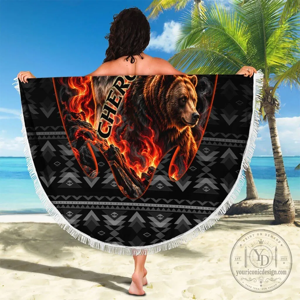 Cherokee Spirit Animals Fiery Tribal Art Native Geometric Patterns Round Beach Blanket 10 Cherokee Spirit Animals Fiery Tribal Art Native Geometric Patterns Round Beach Blanket