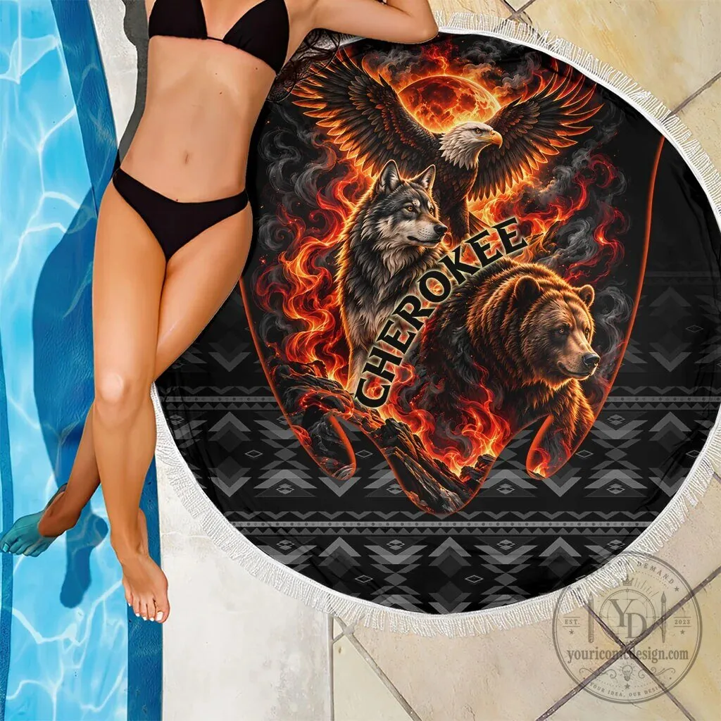 Cherokee Spirit Animals Fiery Tribal Art Native Geometric Patterns Round Beach Blanket 11 Cherokee Spirit Animals Fiery Tribal Art Native Geometric Patterns Round Beach Blanket