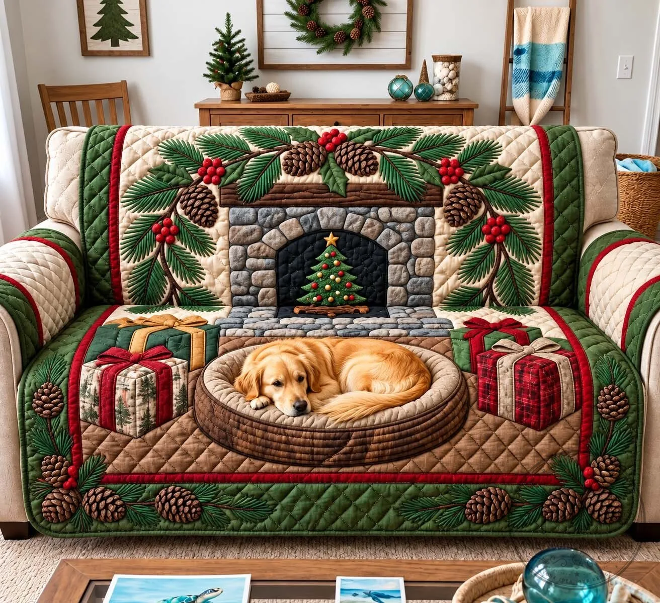 Golden Retriever Christmas Holiday Quilted Sofa Cover for Living Room Decor