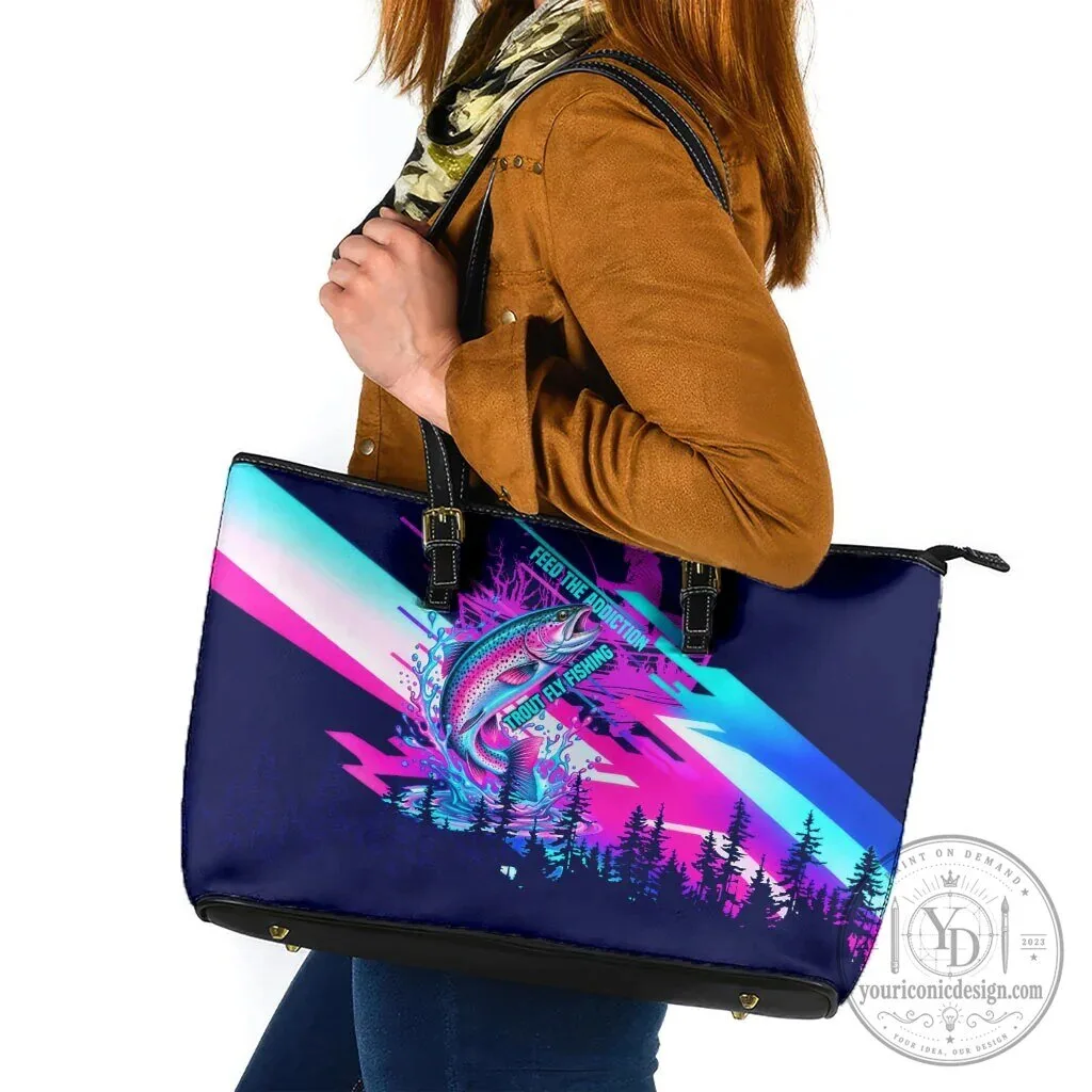 Trout Fly Fishing Born To Cast Leather Tote Bag Vibrant Neon Cyberpunk Abstract Rainbow