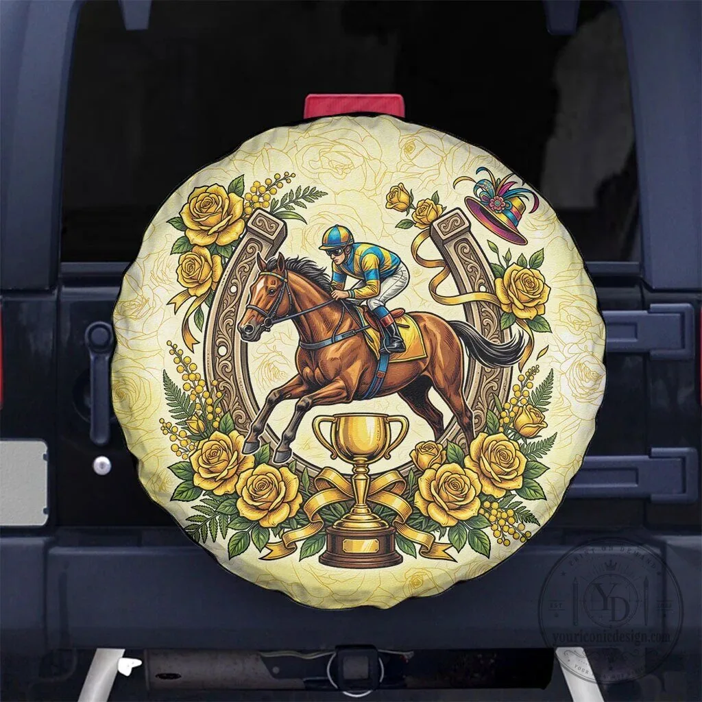 Melbourne Horse Race Yellow Rose Floral Horseshoe Spare Tire Cover